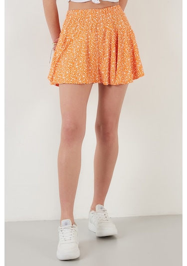 Lela Desenli Beli Lastikli Slim Fit Mini 2'Li Paket Bayan Şort Etek 5864024S2 Oranj-Benetton