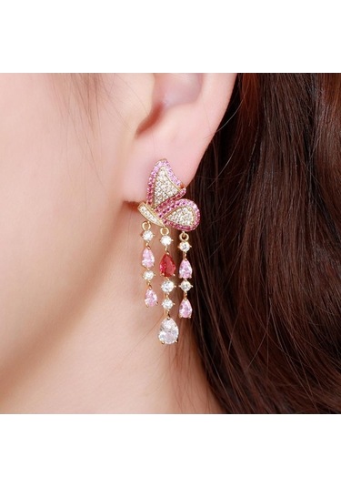 Novahub Sarı Altın Kelebek Küpe, Damla Püskül, Siyah Altın Renk, Kadın, 4.7 Cm Çok Renkli