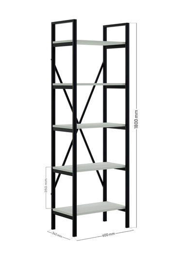 Ceramical 5 Raflı Metal Kitaplık Beyaz - Siyah 60 x 180 CM