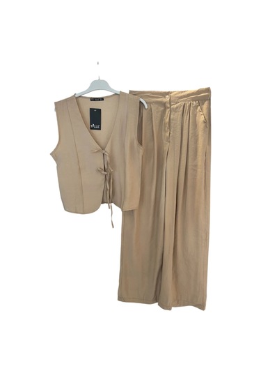 4123 Önü Bağlamalı Yelek Pantolon Takım Vizon