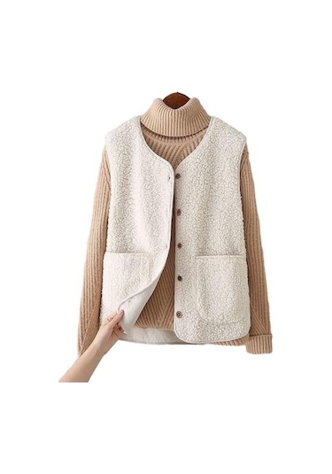 Kadın Güz Kış Yelek Ceket Düz Renk V Boyun Kolsuz Düğme Kapatma V Boyun Yumuşak Sıcak Cepler Hırka Bayan Yelek Bej