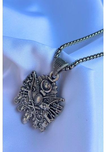 Osmanlı Tuğrası El İşçiliği Paslanmaz Çelik Zincir Erkek Kolye Gümüş