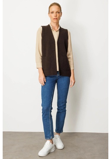 Desen Triko Kadın V Yaka Çelik Örgü Yün Anne Yelek 25044 Koyu Kahve Koyu Kahve