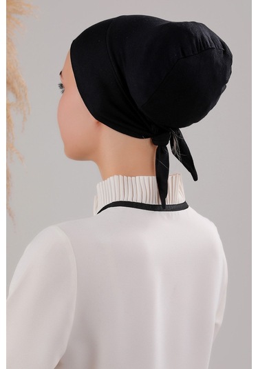 Tesettür Geçmeli Bağcıklı Viskon Likralı Dikişsiz Bone Siyah Siyah