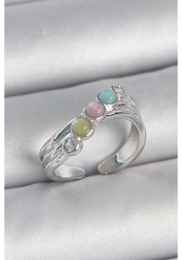 Pirinç Gümüş Renk Zirkon Taş Detaylı Renkli Mineli Ayarlanabilir Kadın Yüzük - Ebj250501w33622 Bakır