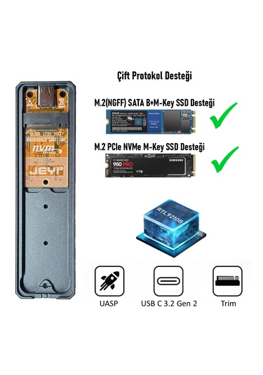 Jeyı Thunderate M.2 Pcıe Nvme Ve M.2 Ngff Sata Ssd To Usb 3.2
