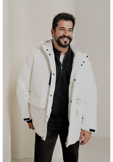 Ac&Co / Altınyıldız Classics Erkek Beyaz Kapüşonlu Dik Yaka Standart Fit Kaban Beyaz