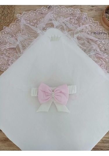 Bal Peteği My Princess Taç Nakış İnci Fiyonklu Dantel Duvaklı Delüks Kundak Bebek Battaniyesi Pembe Pembe