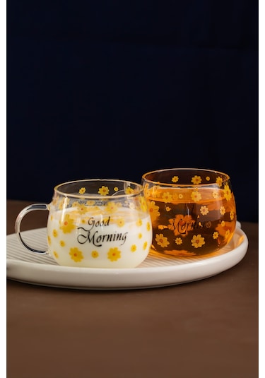 Porsima 2089 Borosilikat Isıya Ateşe Dayanıklı Cam Kulplu Çay Bardağı Kahve Bardak Kupa Sarı 400 Ml Şeffaf