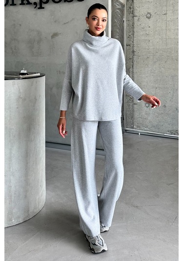 Modagen Kadın Selanik Kumaş Balıkçı Yaka Alt Üst Takım Gri