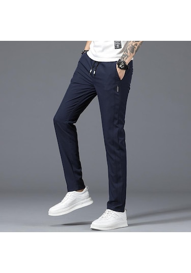 Yaz Erkek Günlük Pantolon Ince Kesit Gevşek Kore Trend Düz Yaz Polyester Buz Ipek Spor Pantolon Erkek Mavi