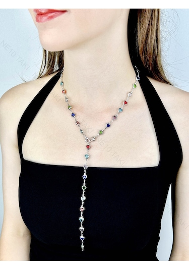 Y Kolye, Taşlı, Çok Renkli, Kalpli, Kolye 433, Kasa Gümüş Renk Gümüş