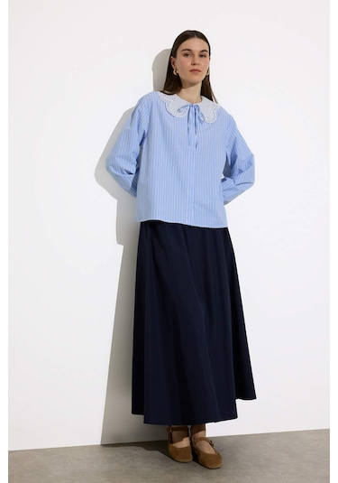 DeFacto Regular Fit Geniş Yakalı Çizgili Poplin Uzun Kollu Gömlek Tunik E4354AX25SPBE40 Mavi