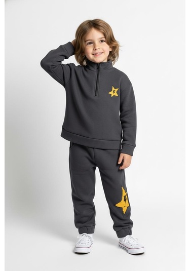 Fermuar Detaylı Şimşek Baskılı 2 Li Takım Antrasit