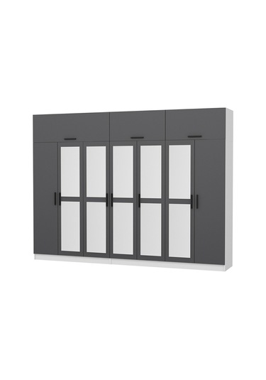 Minar Kale 7 Kapaklı 5 Aynalı 4 Ç Dolap Ve Yüklük Beyaz Antrasit 255cm Çok Renkli