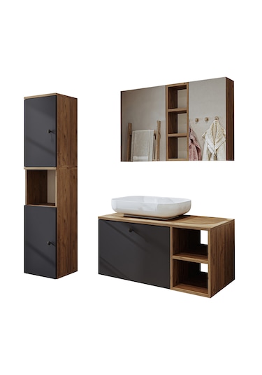 "lavabolu" Mdf 95 Cm Lotus Oval Lavabolu Banyo Dolabı Atlantik Çam - Antrasit