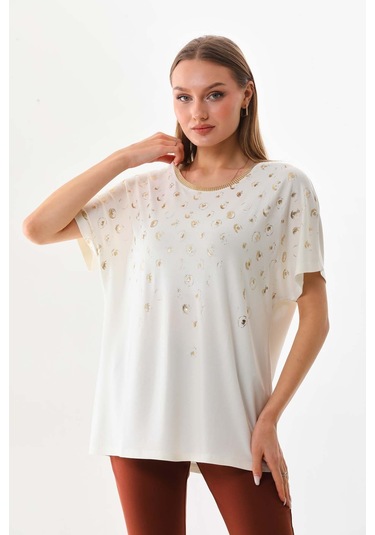 Büşra Triko Kadın Desenli Kısa Kol Penye Bluz 19152 Ekru