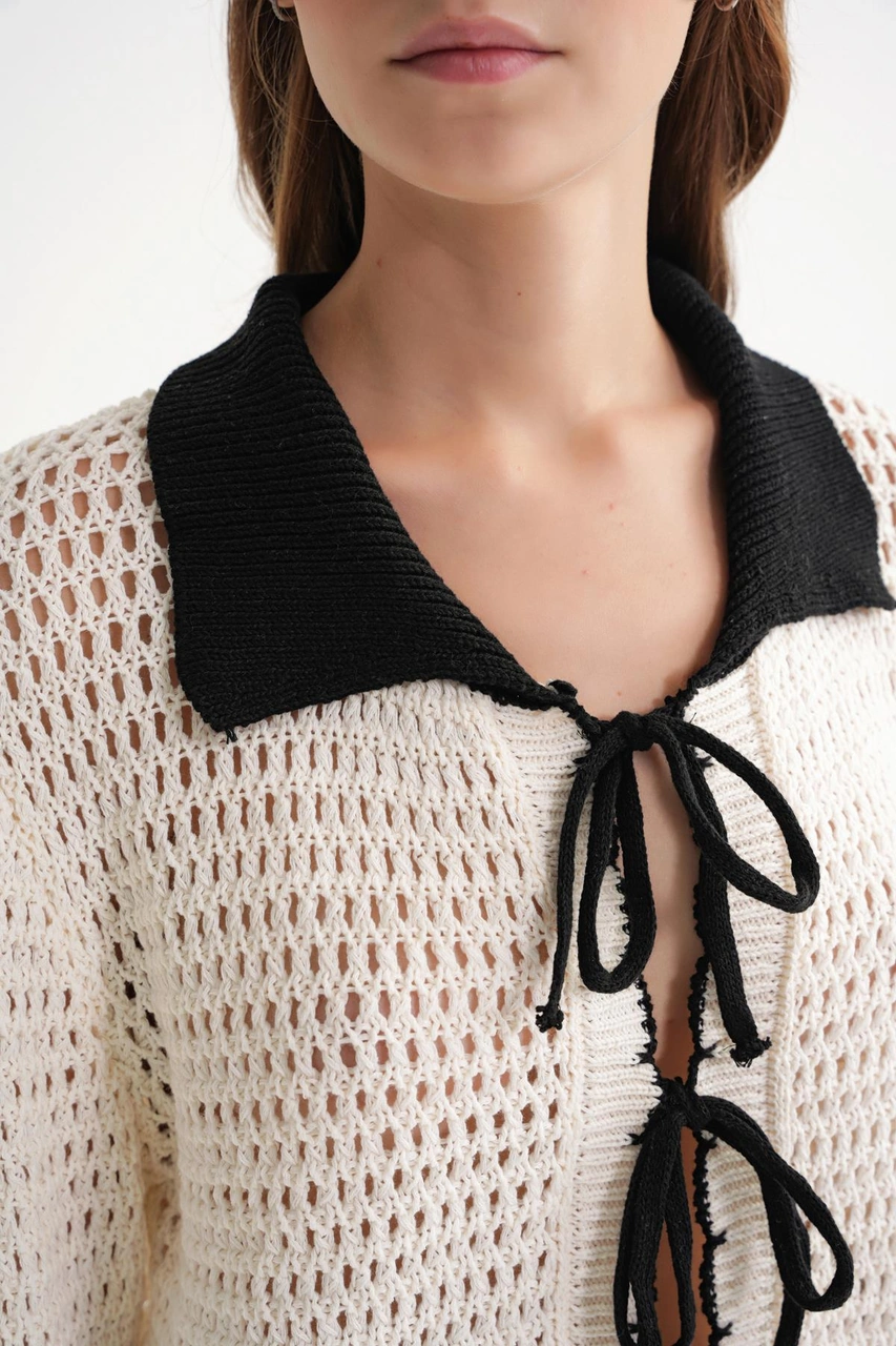 6945 Kadın Ajurlu Bağlamalı Triko Hırka Naturel Naturel