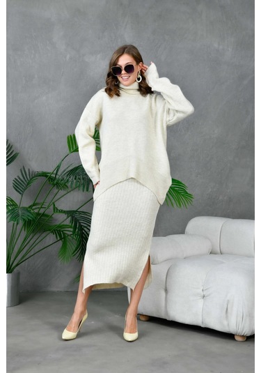 Kadın Balıkçı Yaka Oversize Kazak Uzun Etek İkili Triko Takım Taş