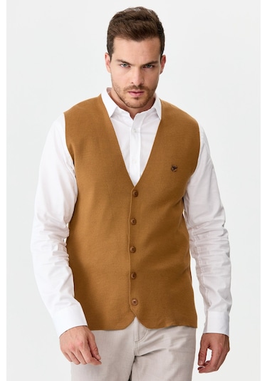 Erkek İnce Triko Düz Yelek Camel Camel