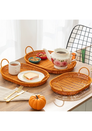 Porsima 708d Oval 3'lü Hasır Tepsi Dekoratif Sunum Servis Tepsisi