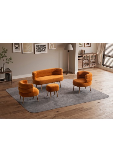 Barel Özel Tasarım Çay Seti Koltuk Takımı,berjer Ve Puf Ofis Balkon Cafe Bahçe Salon Mobilyası 4 Lü Takım Turuncu Turuncu
