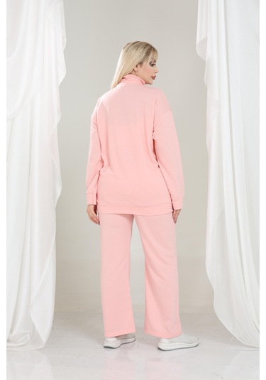 Kadın Büyük Beden Fermuarlı Uzun Kollu Rahat Günlük Eşofman Takım Pudra Pembe