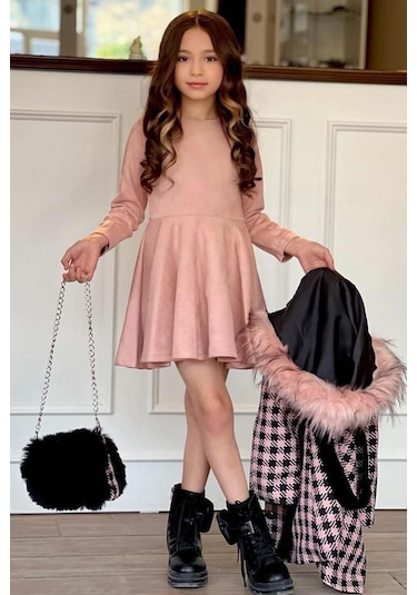 Riccotarz Kız Çocuk Kapüşonlu Peluş Detaylı Kare Desenli Pembe Kaban Pembe