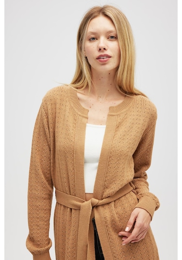 Peraluna Zeyna Mini Kabartma Örgülü Uzun Triko Hırka - Camel Camel