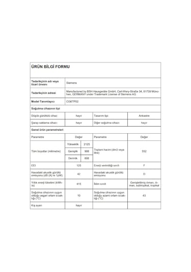 Siemens CI36TP02 552 LT No-Frost Ankastre Buzdolabı
