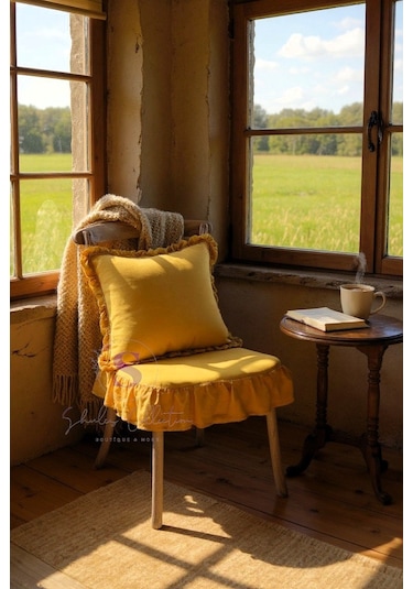 Hardal Renk El Yapımı Buldan Yıkanmıs Keten 4 Tarafı Fırfırlı Sandalye Minderi Hardal