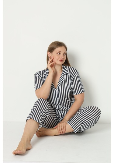 Fames Pijama Yazlik Düğmeli Büyük Beden Ev Giyim Lacivert