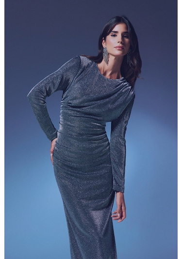 Simli Midi Elbise - Antrasit-135360 Antrasit