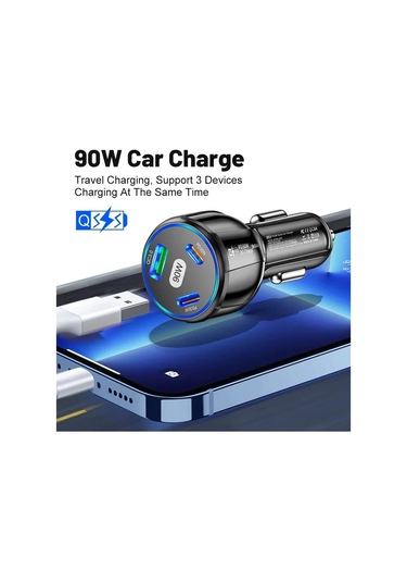 90w Araç Şarj Cihazı Pd Qc3.0 Usb Tip-c Hızlı Araç Şarjı Telefon Adaptörü İphone 14 15 Pro/max Samsung Huawei Xiaomi İçin Arabada Black