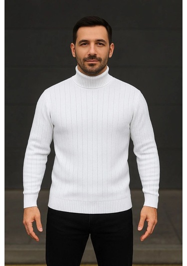 Erkek Fitilli Triko Kazak 2'li Set Beyaz Siyah Regular Balıkcı Yaka Tam Boğazlı Triko Seti Modeli Ka Beyaz Siyah