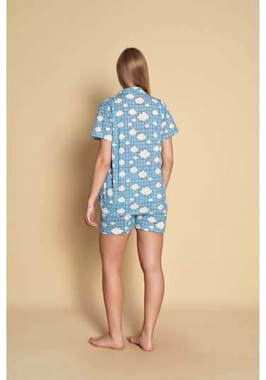 Kadın Gömlek Şort Desenli Pijama Takımı Mavi