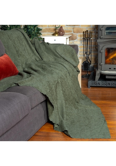 Jakarlı Şönil Koltuk Örtüsü Kanepe Örtüsü Koltuk Şalı 175x215 Kaymaz Sage Yeşil Yeşil