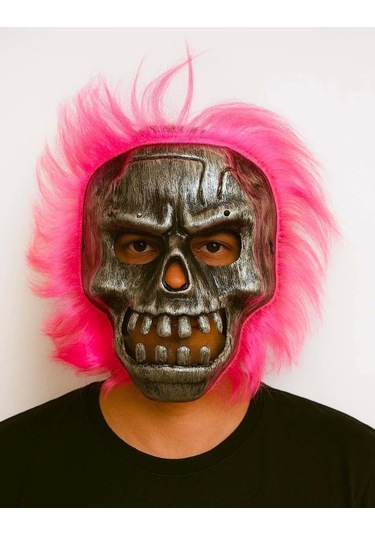 Wild Skull - Gümüş Kafatası Pembe Saçlı İskelet Maske Renkli