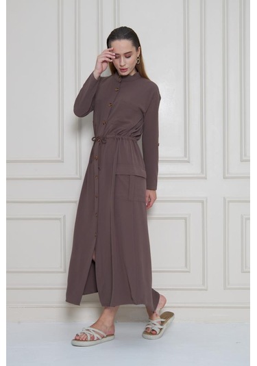 Kadın Yeni Sezon Krep Cepli Uzun Katlanabilir Kollu Büzgülü Elbise Yazlık Günlük Giyçık Kahverengi