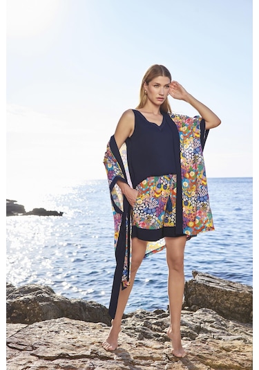 Monamise Kadın Çiçek Desenli Askılı 3'lü Alt Üst Takım 25056 Lacivert