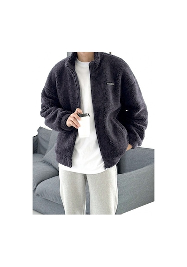 Oversize Tam Fermuarlı Kuzu Sweatshirt İçi Polarlı Sherpa Kumaş Sweatshirt Füme