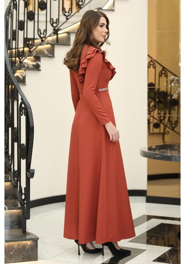 Elif Taşlı Tesettür Elbise Kiremit Kiremit