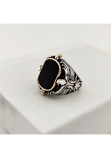 925 Ayar Gümüş Mavi Mineli Çift Taraflı Mührü Süleyman Erkek Yüzük Silver