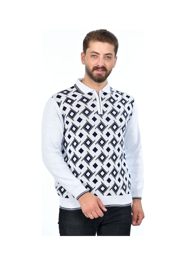 Kamalı Erkek Çelik Örgü Gömlek Yaka Fermuarlı Polo Yakalı Kazayağı Tüylenmeyen Triko Kışlık Baba Kazak Beyaz
