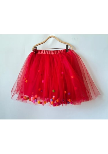 Gala İçi Ponponlu Kız Çocuk Tütülü Etek Kırmızı