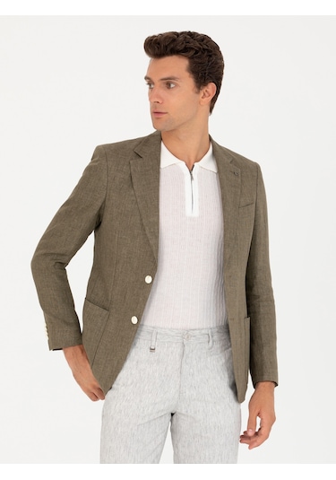 Cacharel Haki Slim Fit %100 Keten Ceket Yesıl