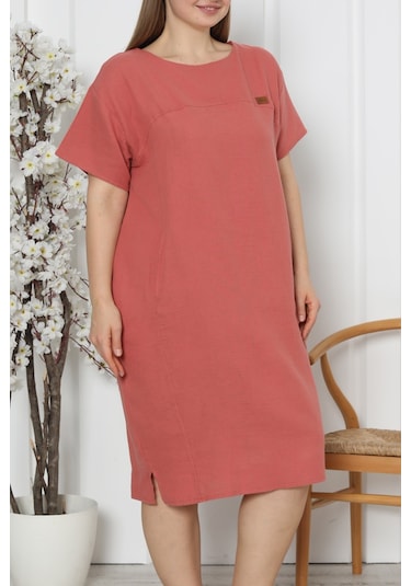 Kadın Tunik Gecelik Kısa Kollu Büyük Beden Cepli Keten Kiremit 92277 R11 Kiremit