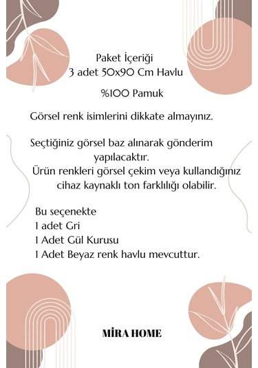 3 Lü Renkli El Yüz Havlu Seti %100 Pamuklu Natural Harmony Gülkurusu