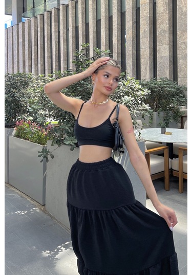 Siyah Pileli Katlı Maxi Etek Siyah