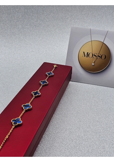 Sedefli Mavi Çelik Bileklik Gold Renk Yoncalı Model Altın